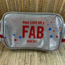 First Aid Beauty FAB Silver Red &amp; Blue Sparkle Glitter Makeup Cosmetic Bag - $176.52 MXN