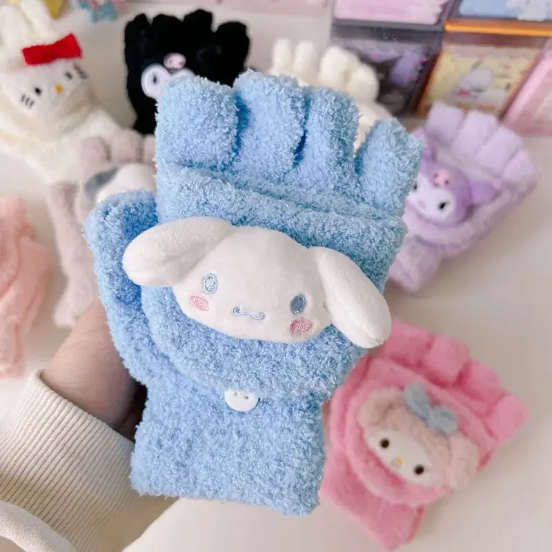 Sanrio Kawaii Winter Plush Flip Gloves Cute Cinnamon Roll Leaky Finger Play - £10.97 GBP