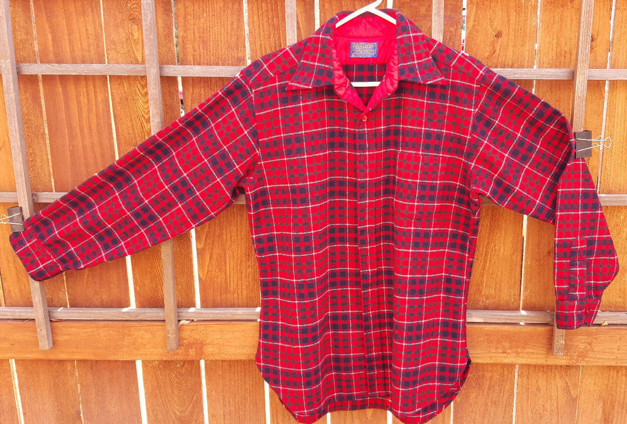 Primary image for Vtg Pendleton Wool Plaid Shirt-L-Pure Virgin Wool-Red-Lined Collar-Lodge Shirt