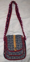 Gypsy Hippie Boho Bag Travel Crossbody Purse Satchel Blue Flowers Pom Pom - £11.76 GBP