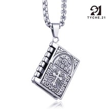 Mens Silver Bible Pendant Lord&#39;s Prayer Necklace Stainless Steel Box Chain 24&quot; - £9.58 GBP