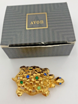 Vintage AVON Gold Tone Flower Power Rhinestone Turtle Brooch Pin Signed - £11.18 GBP