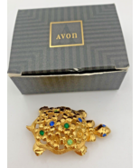 Vintage AVON Gold Tone Flower Power Rhinestone Turtle Brooch Pin Signed - £10.75 GBP