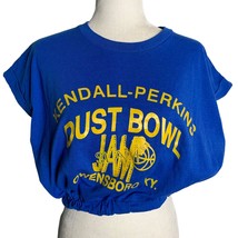 Vintage Upcycled Crewneck T Shirt XL Blue Cuffed Sleeve Cropped Elastic ... - $27.84