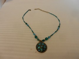 Vintage Green and Blue Balls Choker Necklace with Pendant 19&quot; Long - £28.04 GBP