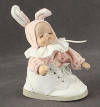 Modern Porcelain Baby Girl Doll Pink Bunny Pajamas Shoe Wind Up Musical Figurine - £22.60 GBP