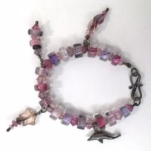 Estate Lampwork Glass Bead &amp; Sterling Silver Dolphin Beaded Charm Bracelet 7&quot; - £12.51 GBP