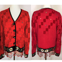 Vintage Berek Embroidered Beaded Red Cardigan Sweater Flower Floral Stretch - $44.50