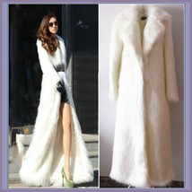Long Full Length Lapel Collar Faux Fur Fashion Coat White Leopard Black Red Pink