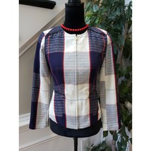 Merona Blazer Jacket Women XS Beige Blue Career Plaid Lined Long Sleeve Full Zip - £25.19 GBP