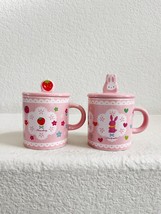 2x Japanese Mugs with Lids Pink Strawberry Bunny Rabbit READ Coffee Tea HTF Cute - £23.22 GBP
