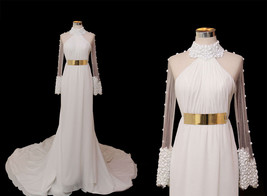 Rosyfancy Beaded Collar Sheer Long Sleeves Slim A-line Chiffon Wedding Dress - £216.32 GBP