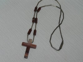 Estate Silvertone Barrel with Brick Red Stone Beads &amp; Stone Agate Cross Pendant  - £9.71 GBP