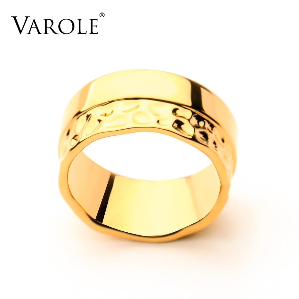 VAROLE Half Natural Texture Rings For Women Gold Color Width Ring Fashion Jewelr - £20.35 GBP