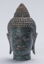 Antique Khmer Style Freestanding Bronze Buddha Head Statue - 14cm/15.2cm... - £143.23 GBP