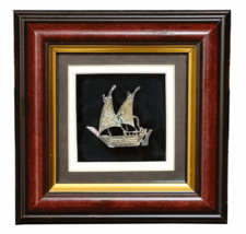 Sailing Ship 3D Relief Art Sculpture Metal Silver Carving Miniature Shadow Box - £38.67 GBP