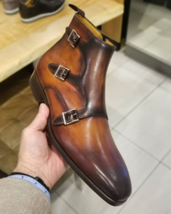 Handmade Men&#39;s Brown Chiseled Toe Triple Monk Strap Ankle Dress Leather ... - £116.76 GBP+