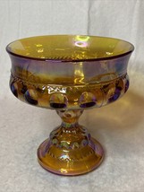 Vintage Carnival Glass Pedestal Compote Amber King&#39;s Crown Candy Dish Iridescent - $10.45