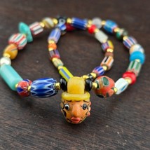 Beautiful Vintage handmade face bead Mix Chevron Glass Beaded Necklace - $36.80