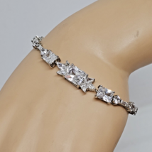 Silver Tone Clear Rhinestone Tennis Bracelet Crystal Statement Bracelet - £19.73 GBP