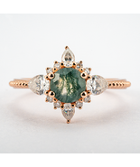Unique Design Cross Moss Agate Ring with Moissanite Rose Gold Wedding Ring - $250.00 - $1,100.00