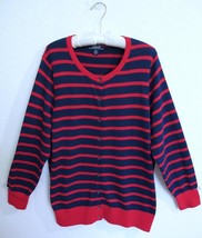 Lands&#39; End Striped Cardigan Sweater 1X 16W 18W Red Navy 100% Supima Cotton - £17.57 GBP