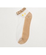 Handcrafted ~ Tan ~ Embellished w/Pearls ~ Embroidered Daisy ~ Ankle Socks - $282.30 MXN