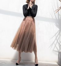 Caramel Polka Dot Pleated Tulle Skirt Outfit Women Plus Size Dotted Tulle Skirt