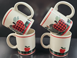 4 Ingleman Designs Applejack Mugs Set Vintage Red Green Fruit Plaid Band... - £30.70 GBP