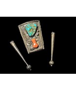 Vintage Navajo Indian Turquoise &amp; Coral Silver Bolo Tie Marked/Signed - €442,87 EUR
