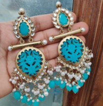 Bollywood Style Gold Plated Indian Kundan Long Light Blue Earrings Jewelry Set - £29.27 GBP