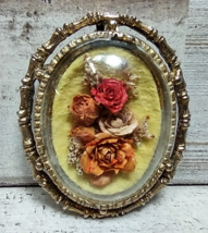 Vintage MCM Dried Flower Rosebud Plastic Oval Dome Goldtone Brooch Pendant - $16.63