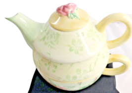 Capriware Ceramic Teapot With Cup Floral Hand Painted Tiny chip, crazings - $13.86