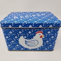 Vintage Blue White Calico Hen Chicken Recipe Holder Tin Box 70s 80s - £7.43 GBP
