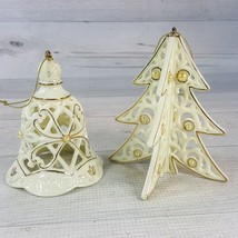 Vintage North Star Ivory Gold Porcelain Bell &amp; Tree w Pearls Ornament Set NEW - £19.13 GBP