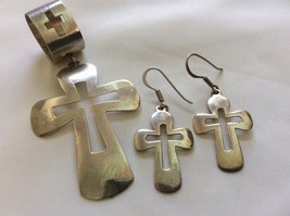 Handcrafted Sterling Silver 925 Cross slide pendant and dangle earrings set - £64.90 GBP