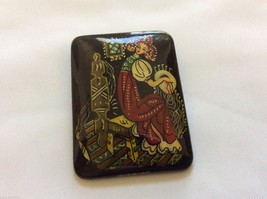 Vintage Russian Hand Painted Fairy Tale Design Black Glass Pin Brooch - £34.95 GBP