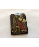 Vintage Russian Hand Painted Fairy Tale Design Black Glass Pin Brooch - £35.52 GBP