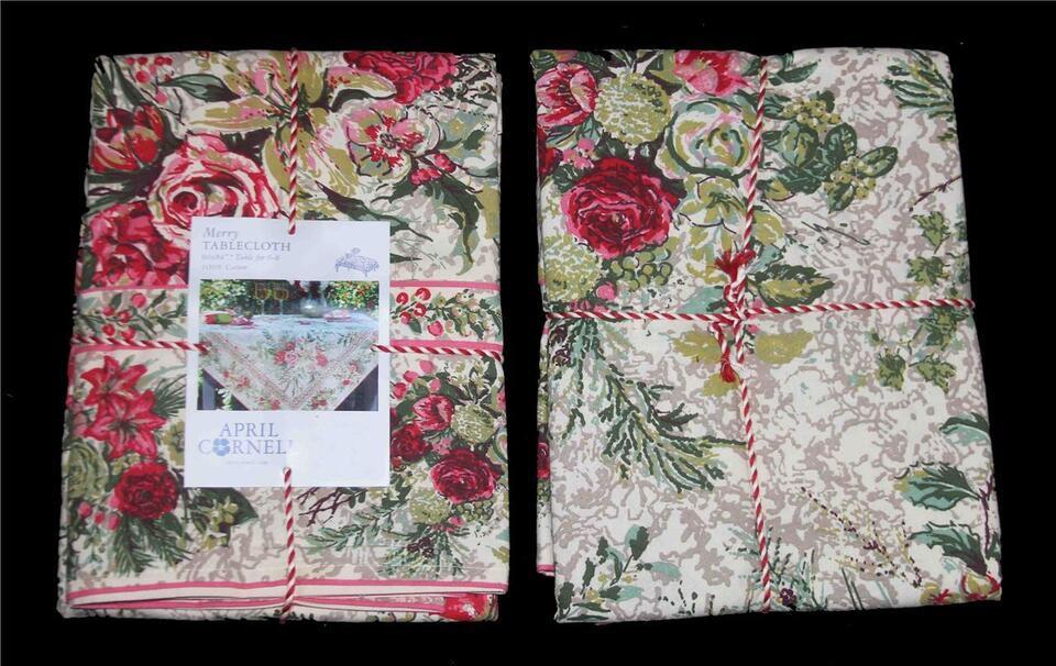 April Cornell MERRY Shabby Floral Roses Poinsettias Rectangle Cotton Tab... - $42.99+