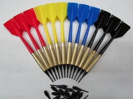 12 Plastic Soft Tip Brass Dart Set 4 sets 15 extra tips BLUE RED YELLOW BLACK :) - £7.51 GBP