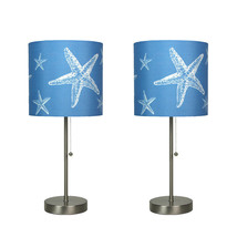 Brushed Nickel Finish Coastal Table Lamp With Blue Starfish Shade Set of 2 - £66.03 GBP
