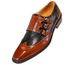 New Men Two Tone Monk Triple Buckle Strap Brown Black Wing Tip Vintage Leather S - £115.09 GBP