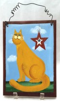 Yellow cat plaque painted over wood  Vintage Americana style signed - £7.92 GBP