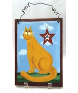 Yellow cat plaque painted over wood  Vintage Americana style signed - £7.77 GBP