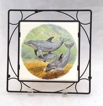 3 DOLPHINS WALL DÉCOR TRANSFER PICTURE ON WHITE CERAMIC 6&quot; TILE METAL FR... - £7.80 GBP