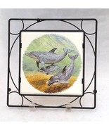 3 DOLPHINS WALL DÉCOR TRANSFER PICTURE ON WHITE CERAMIC 6&quot; TILE METAL FR... - £7.65 GBP