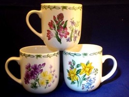 Thomson Pottery,floral garden 3 mugs replacement Daffodil, Geranium, Pin... - $8.90