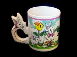 Easter white bunnies coffee mug with Bunny handle tulips &amp; spring colors - £5.44 GBP