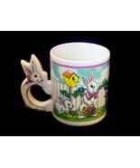 Easter white bunnies coffee mug with Bunny handle tulips &amp; spring colors - £5.50 GBP