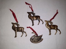 4 VTG 1980&#39;s Era Hallmark Cards Christmas Ornaments Brass Metal Reindeer Swan - £16.03 GBP